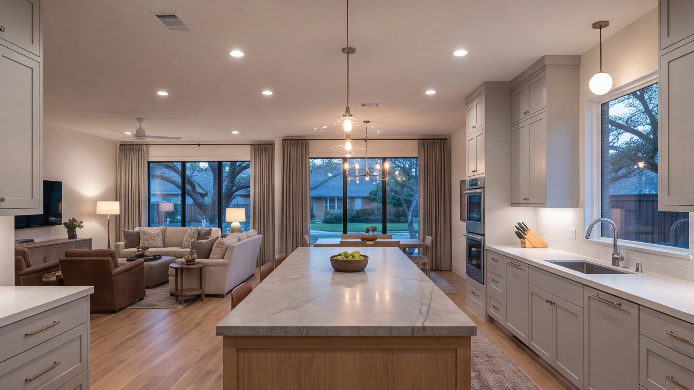 Wide modern kitchen at dusk with a long island and open view to the living room, Fort Worth
