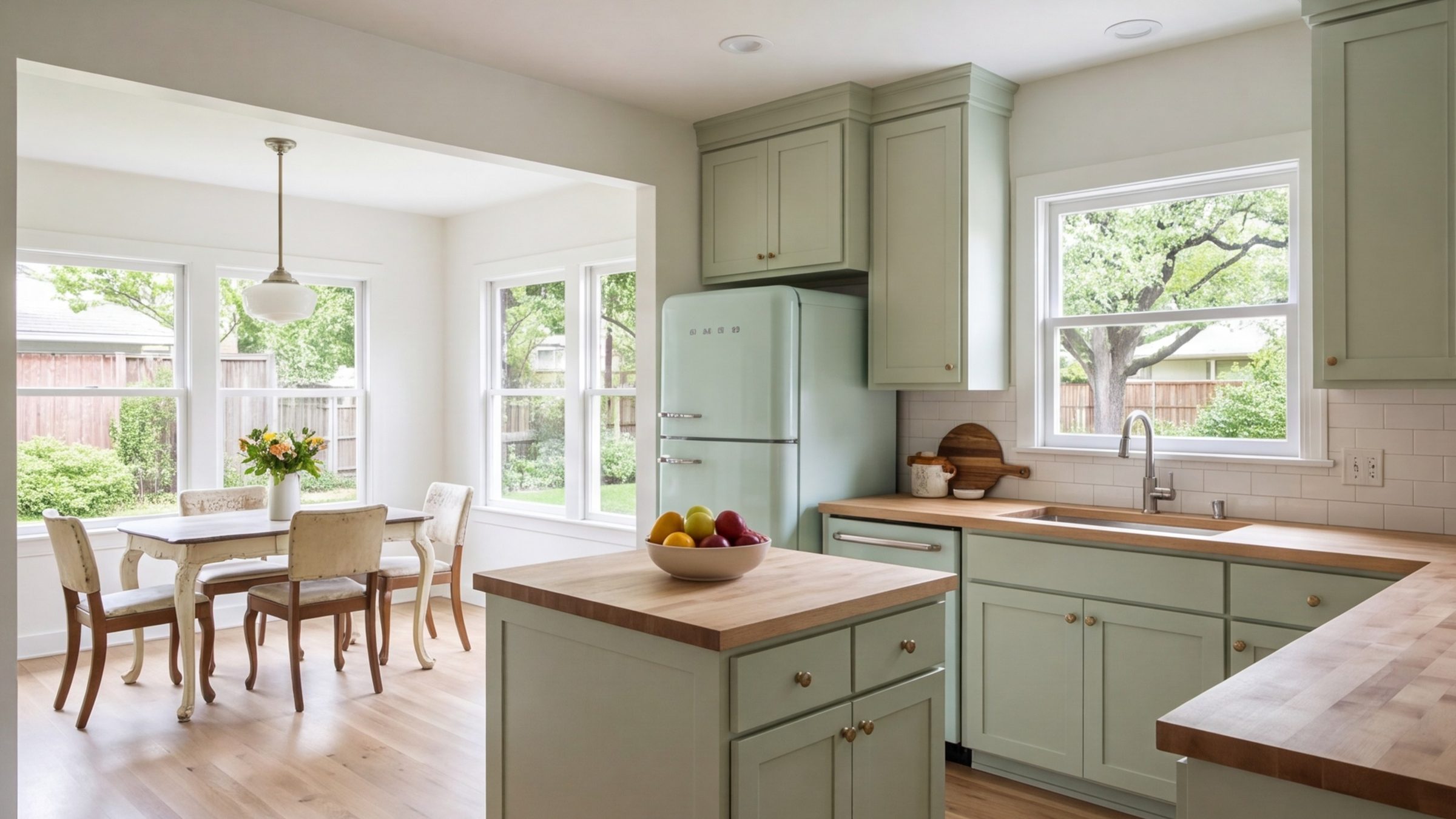 Northside bungalow kitchen opened to the dining room with a new island