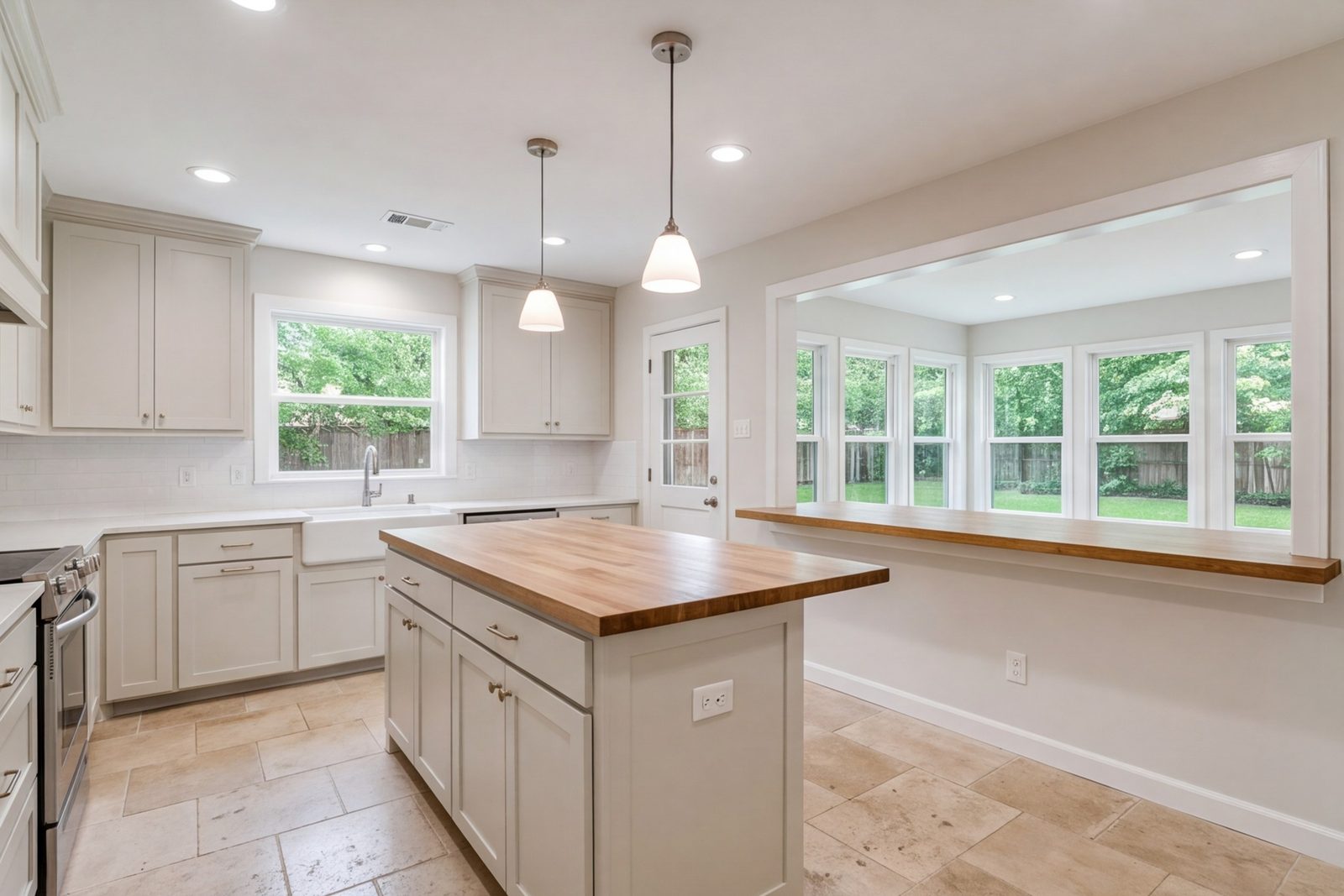 Fossil Creek open-plan kitchen with light cabinets and a wide pass-through