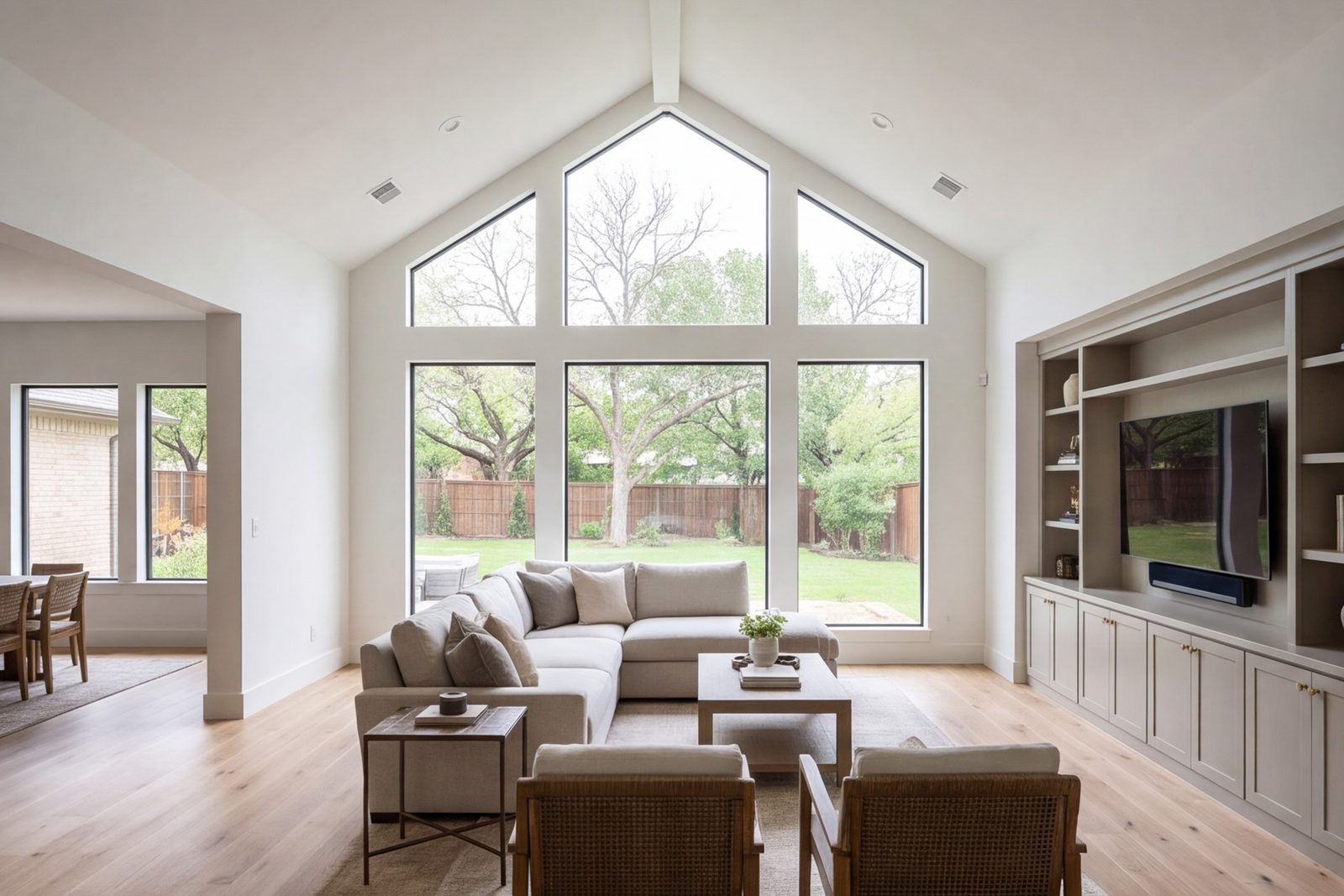 New family room addition with tall windows opening to the back yard