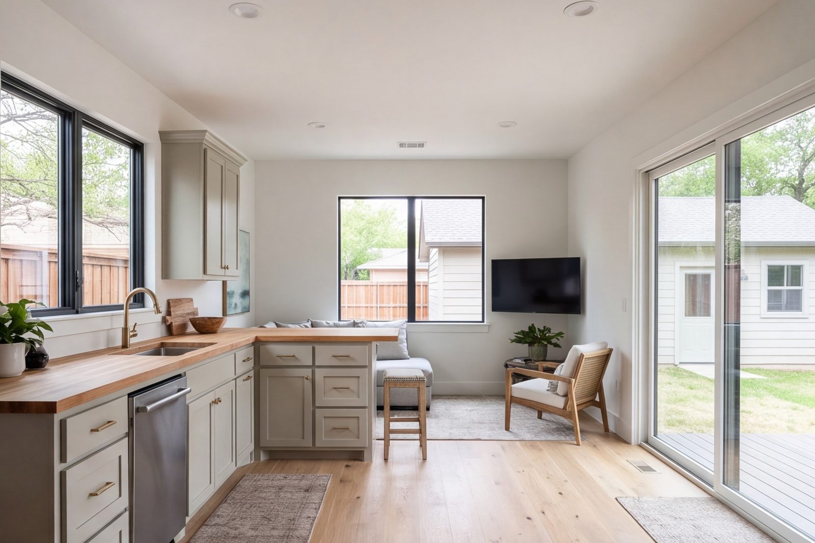 Backyard apartment interior with a small kitchen and living space