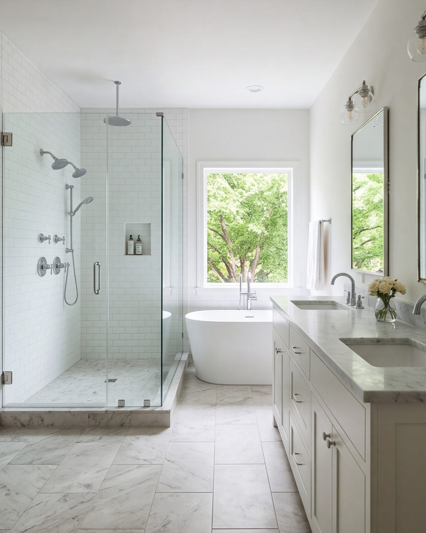 Primary bathroom with large walk-in shower, double vanity and tiled floor, wide view