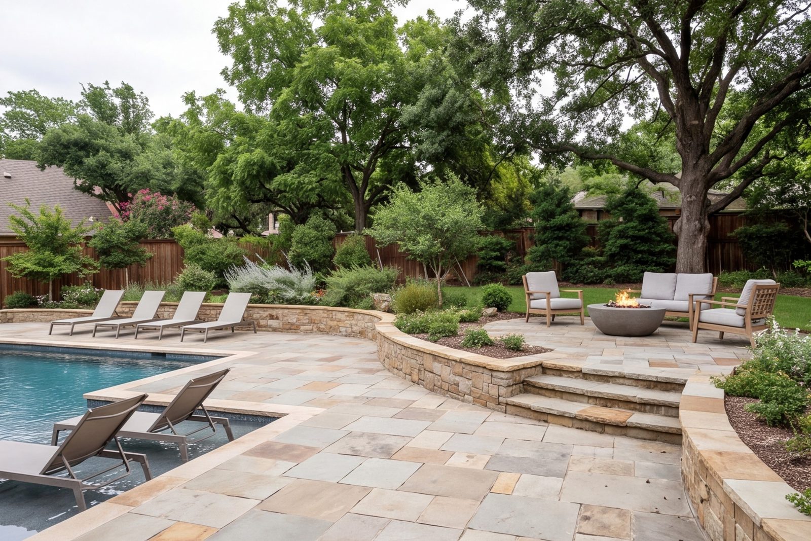 Back yard with a stone patio, pool deck and low retaining wall